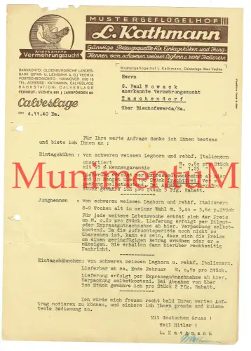 Mustergeflügelhof L. Kathmann CALVESLAGE über VECHTA - Offerte 1940 Eintagsküken