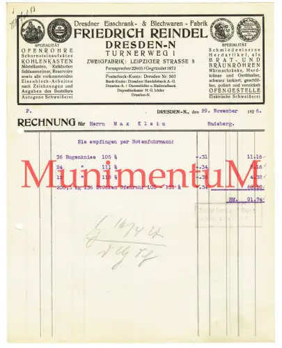 Eisschrank- & Blechwaren-Fabrik Friedrich Reindel DRESDEN - Rechnung 1926
