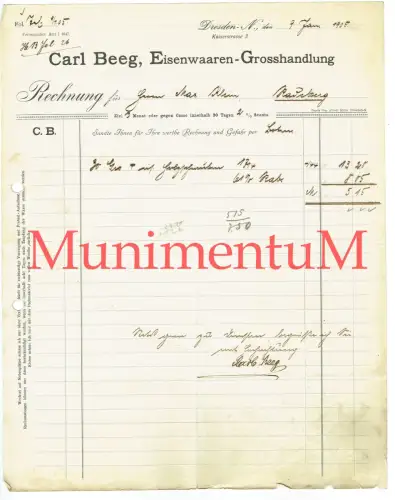 Eisenwaaren-Großhandlung Carl Beeg DRESDEN - Rechnung Briefbogen 1905
