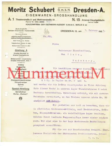 Eisenwaren-Großhandlung Moritz Schubert DRESDEN - Eschmann-Huckert BERLIN 1924