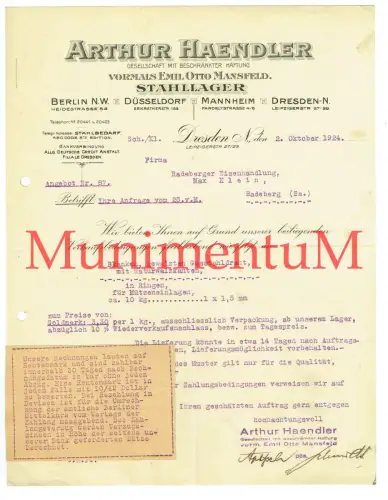 Stahllager Arthur Haendler BERLIN DÜSSELDORF MANNHEIM DRESDEN - Rechnung 1924