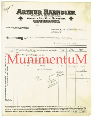 Stahllager Arthur Haendler vormals Emil Otto Mansfeld DRESDEN - Rechnung 1929