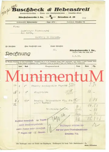 Emaillier-Werk Buschbeck & Hebenstreit BISCHOFSWERDA DRESDEN - Rechnung 1926