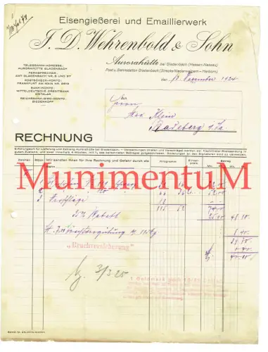 Eisengießerei & Emaillierwerk F. D. Wehrenbold & Sohn AURORAHÜTTE Rechnung 1924