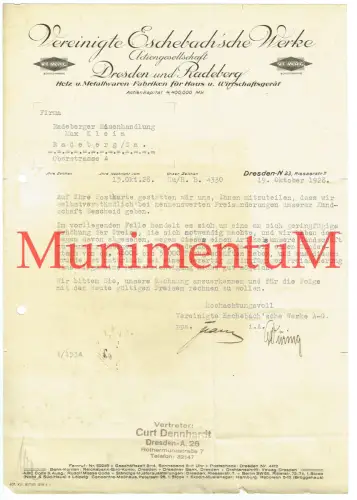 Vereinigte Eschebach'sche Werke DRESDEN RADEBERG - C. Dennhardt Mitteilung 1928