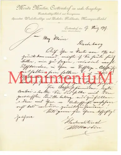 Moritz Martin CROTTENDORF i. Erzgebirge - Anfrage zu Fischbänder AUTOGRAPH 1907