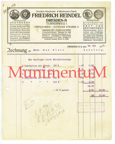 Dresdner Eisschrank- & Blechwarenfabrik Friedrich Reindel DRESDEN Rechnung 1931