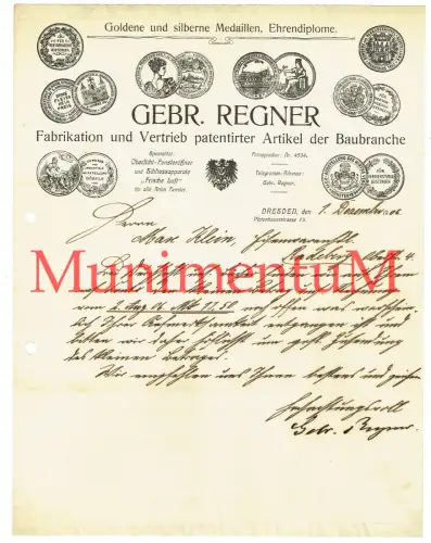 patent. Artikel Baubranche, Ehrendiplom, Medaillen Gebrüder Regner DRESDEN 1906