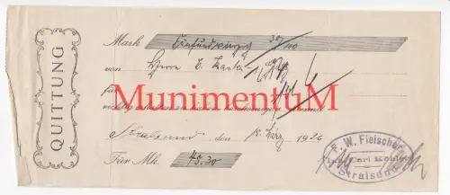 Quittung 1926 F. W. Fleischer Inh. C. Köhler STRALSUND für Herrn aus GARZ