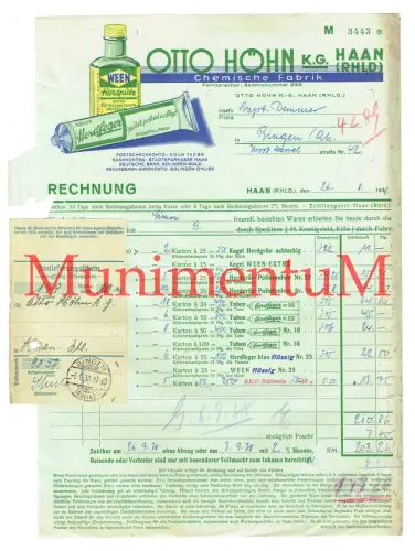 Otto Höhn HAAN Rheinland Chemische Fabrik - Rechnung Einlieferungsschein 1938