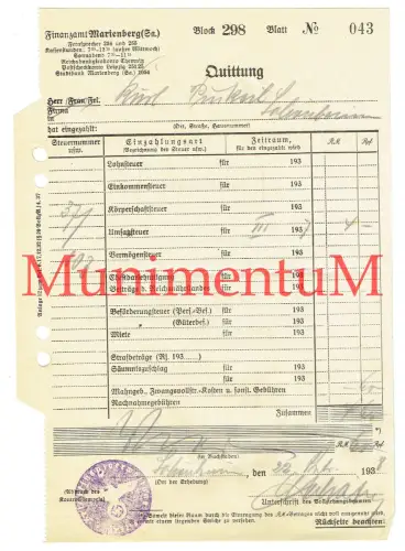 Finanzamt MARIENBERG i. Sachsen - Quittung 1938 Stempel