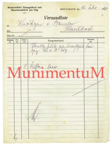 Westerwälder Eisengießerei & Maschinenfabrik Jos. Olig MONTABAUR - Versand 1920