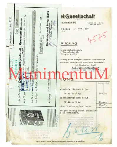 Quäker Nährmittel-Gesellschaft GREVENBROICH - Rechnung aufgeklebter Wechsel 1942