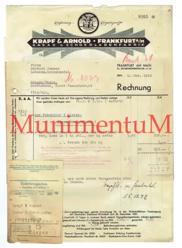 Schokoladenfabrik Krapf & Arnold FRANKFURT aM Rechnung Einlieferungsschein 1942