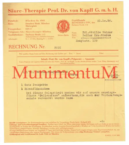 Säure-Therapie Prof. Dr. von Kapff GmbH MÜNCHEN - Rechnung 1936 n. LOLLAR