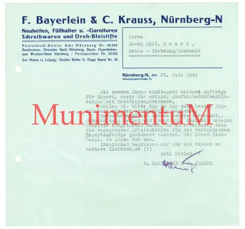 Füllhalter u. -Garnituren F. Bayerlein & C. Krauss NÜRNBERG - Schreiben 1942