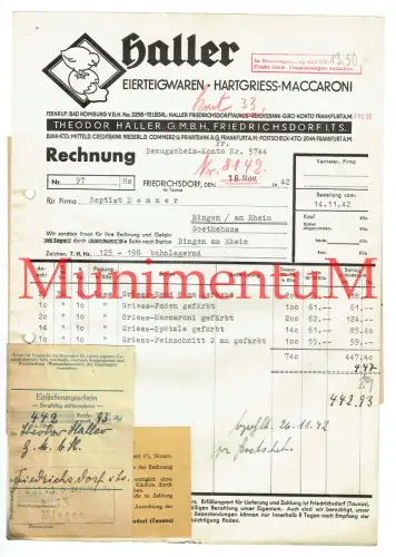 Eierteigwaren Theodor Haller FRIEDRICHSDORF Rechnung & Einlieferungsschein 1942