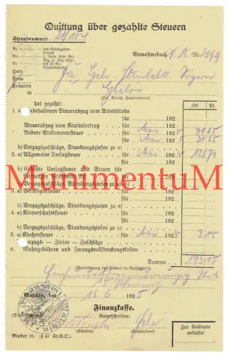 Finanzamt Malchin - Quittung über gezahlte Steuern 1925