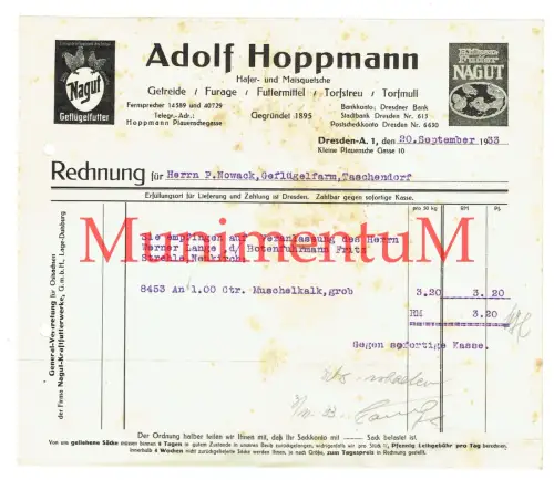 Hafer- & Maisquetsche Furage Adolf Hoppmann gegr. 1895 DRESDEN - Rechnung 1933