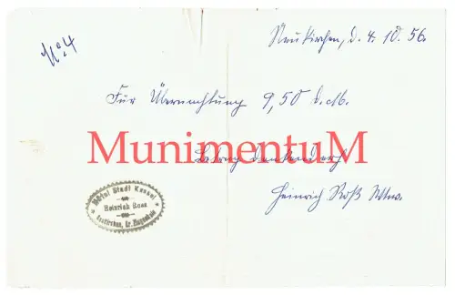 Hotel Stadt Kassel Heinrich Ross NEUKIRCHEN / ZIEGENHAIN - Quittung 1956