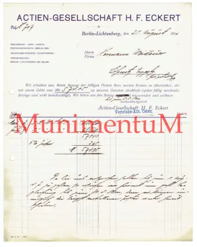 Maschinenfabrik H.F. Eckert A.G. BERLIN LICHTENBERG - Rechnung Briefkopf 1916