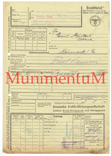 Frachtbrief '40 GELSENKIRCHEN BISMARCK Deutsche Erdöl-AG Zeche Graf& Königsgrube