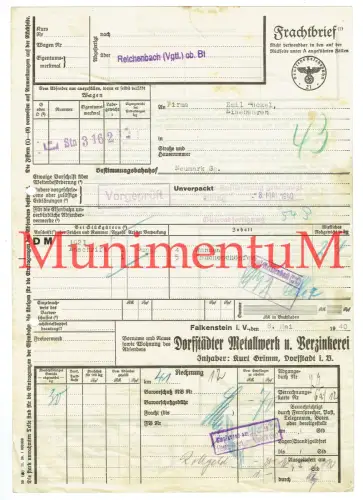 Frachtbrief 1940 Dorfstädter Metallwerk & Verzinkerei FALKENSTEIN i.V. DORFSTADT