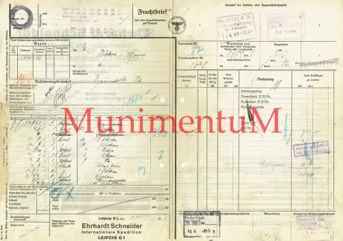 Frachtbrief 1940 Int. Spedition Ehrhardt Schneider LEIPZIG ohne Verbindlichkeit