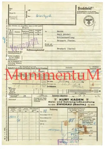 Frachtbrief 1943 Holz- & Kohlenhandlung Kurt Kaden ZWICKAU von Rotbraunkohle