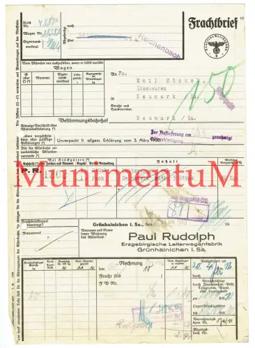 Frachtbrief 1940 Erzgebirgische Leiterwagenfabrik Paul Rudolph GRÜNHAINICHEN Sa.