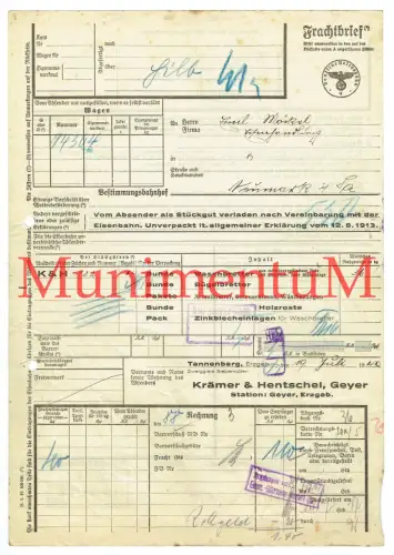 Frachtbrief 1940 Krämer & Hentschel GEYER TANNENBERG SIEBENHÖFEN i. Erzgebirge