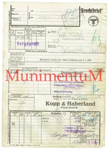 Frachtbrief 1943 Waagenfabrik Kopp & Haberland OSCHATZ Sachsen | Dezimalwaage
