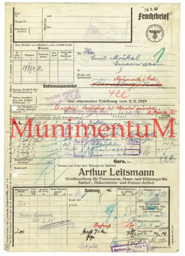 Frachtbrief 1940 Sattler- & Polsterartikel, Küchengeräte Arthur Leitsmann GERA