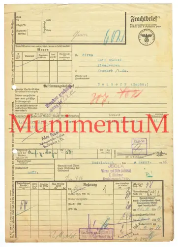 Frachtbrief 1940 Isola Wärme- & Kälteisolierung K. Gleichmar RUDOLSTADT