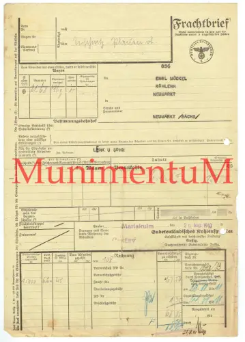 Frachtbrief 1940 Sudetenländisches Kohlensyndikat Grube MARIA KULM FRANZENSBAD