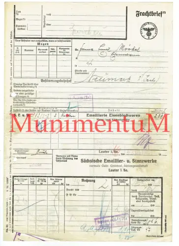 Frachtbrief 1940 Sächsische Emaillier- & Stanzwerke LAUTER i. Sa. Gebr. Gnüchtel