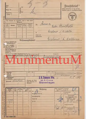 Frachtbrief 1943 J. H. Seemann Ww. Inh. B. Kronke STAVENHAGEN n. GIELOW MALCHIN