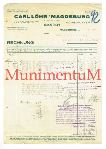 Hülsenfrüchte & Vogelfutter Carl Löhr MAGDEBURG - Rechnung 1934 n. OSCHERSLEBEN