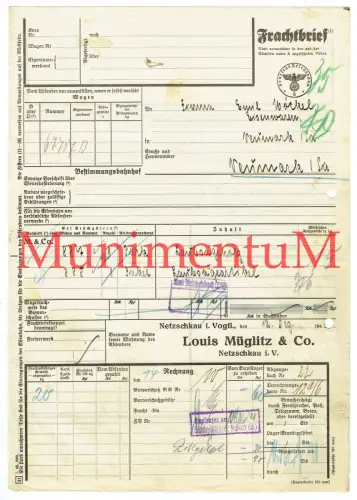 Frachtbrief 1940 Louis Müglitz & Co. NETZSCHKAU i.V. | Laubsägeartikel & -holz