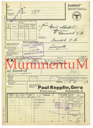 Frachtbrief 1940 Eisenwaren Paul Kopplin GERA n. NEUMARK | Annahme zugelassen