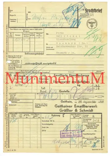 Frachtbrief 1940 Geithainer Emaillierwerk Gräßler & Schmidt GEITHAIN Eisenbleche