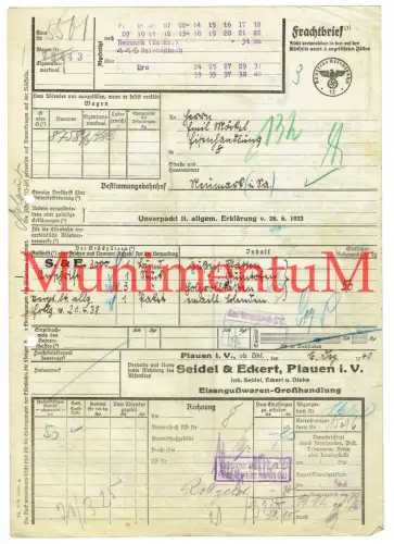 Frachtbrief 1940 Eisengußwaren-Großhandlung Öfen Herde | Seidel & Eckert PLAUEN