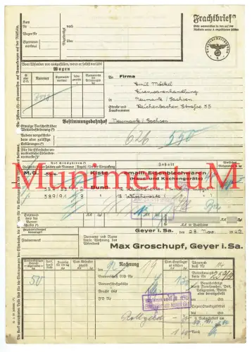 Frachtbrief 1940 Max Groschupf GEYER in Sachsen | emaillierte Eisenblechwaren
