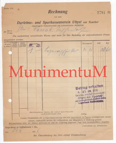 Darlehns- & Sparkassenverein UHYST am Taucher - Rechnung 1936 Lager SCHÖNBRUNN