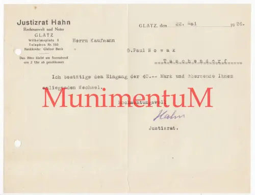 Justizrat Hahn GLATZ / Neiße in SCHLESIEN | Rechnung Wechsel Schreiben 1926