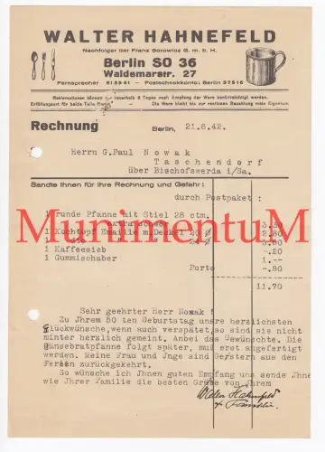 Walter Hahnefeld BERLIN Nachf. Borowicz | Rechnung Signatur Glückwunsch 1942