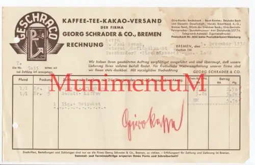 Kaffee-Tee-Kakao Versand Schrader & Co. BREMEN | Rechnung 1932 über Senatskaffee