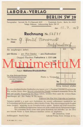 Labora-Verlag BERLIN | Rechnung 1937 Reklame-Plakate Flasche Tabakex