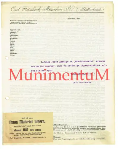 Carl Griesbeck MÜNCHEN - Anfrage Offerte Briefbogen 1920er Jahre