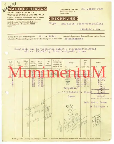 Draht- & Hanfseife Walther Herzog DRESDEN - Rechnung 1929 durch Botenfuhrmann